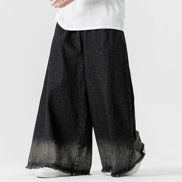 Pantalones de mezclilla de pierna ancha vintage para hombre, cintura elástica, rectos y con bolsillos.