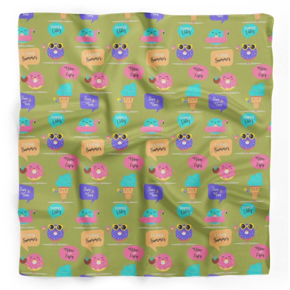Bimba Green Donut & Text Printed Pure Silk Scarf Neck Wrap Summer Hair Bandanas For Women 40 x 40 Inches