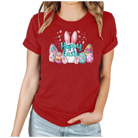 Lovzfmll Women s Easter Holiday Print Short Sleeve Top Festive Round Neck Casual Tee Spring Fashion Blouse