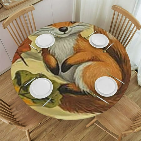 

Sheronv Fox Squirrel Leaves Round Tablecloth Stain-Resistant Washable for Indoor Outdoor Events 100% Polyester Fiber Home Kitchen Party Holiday Dinner Elastic Edge 54 -58
