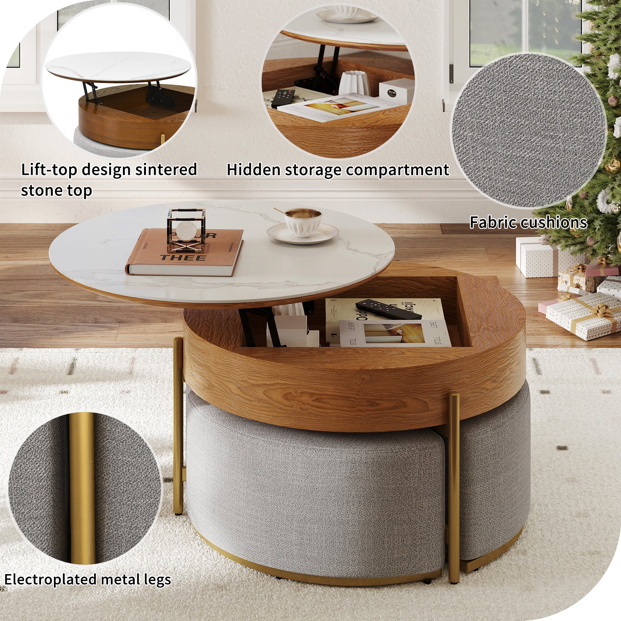 Uforic Round Lift-Top Coffee Table with Storage & 3 Stools, Faux Marble Center Table for Living Room