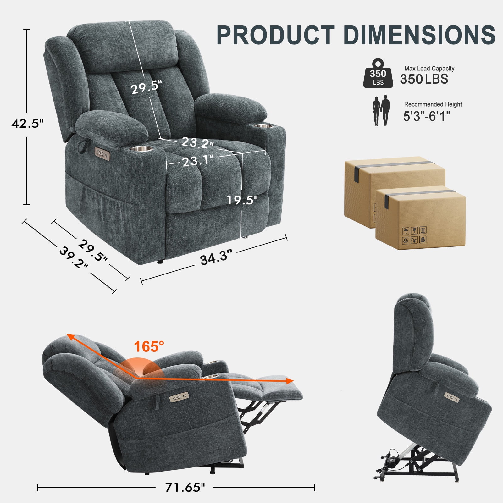JULY'S SONG Oversized Recliner Chair with Heat and Massage, Power Lift Chairs for elderly with Cup Holders, Heavy Duty Electric Recliners for Adults with USB & Type C ports, Chenille Gray Blue