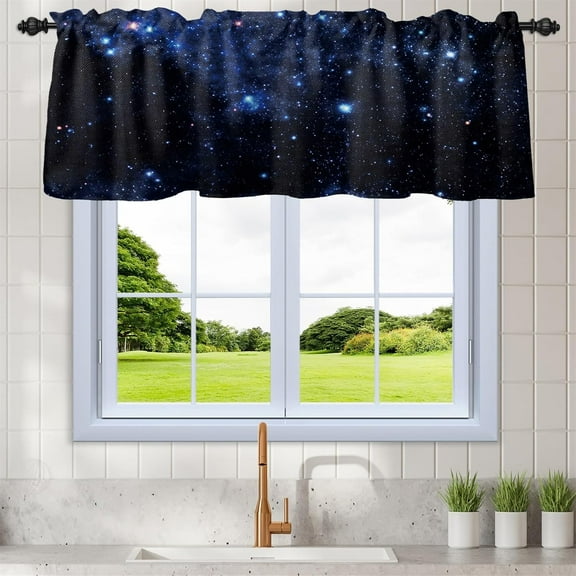 52 x 18 Inch Universe Starry Sky Kitchen Valance Curtains Night Blue Galaxy Kids Boys Bedroom Twinkle Star Living Room Rod Pocket Window Drapes Outer Space Print Window Treatments