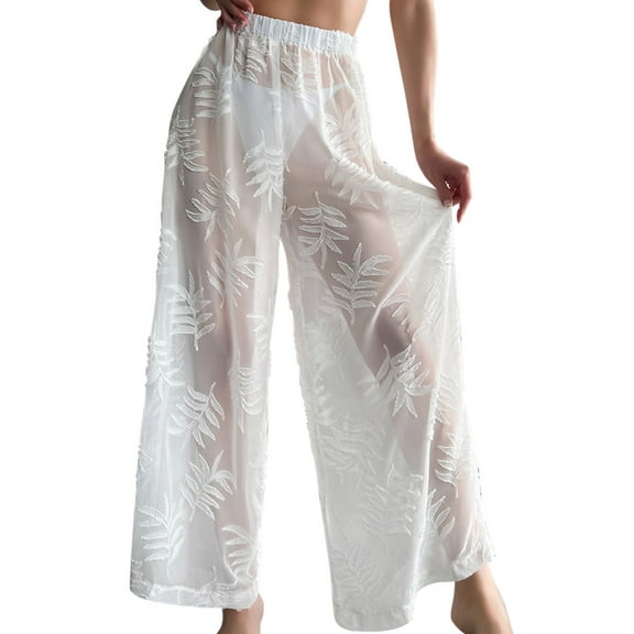 Womens Swimsuit Cover Up Jacquard Sunscreen Beach Pants Chiffon High Waist Wide Leg Pants Bikini Loose Casual Pants White Swimsuit Cover Up