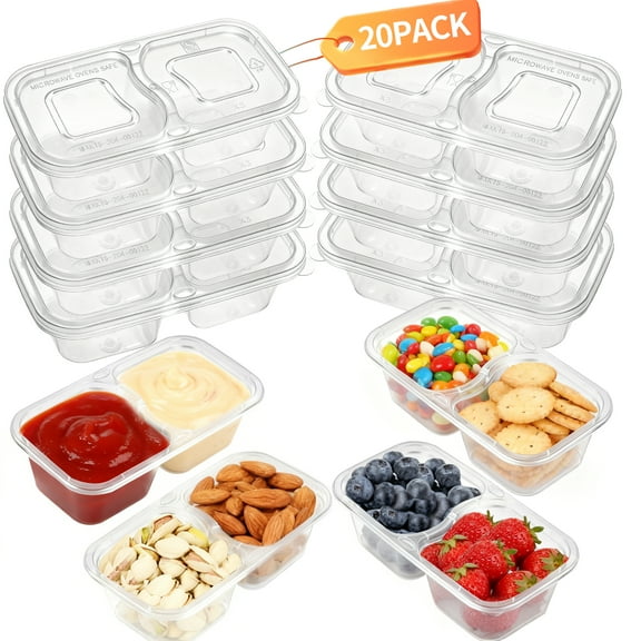 Reusable Snack Containers with Lids 2 compartment 20Pcs,New Snack Containers,Snackle Box Container Portion Control,Snack Pack Containers,Double Compartment Snack Containers for Campus,camping