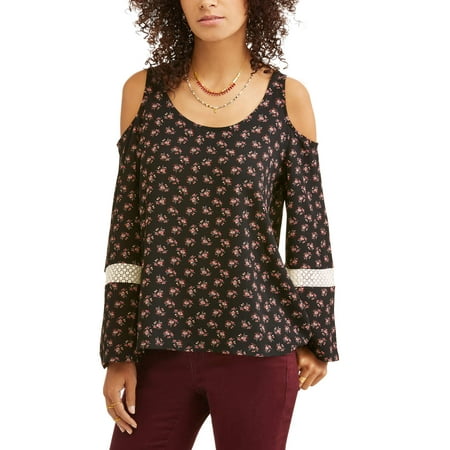 Women's Long Sleeve Cold Shoulder Allover Print Peasant Top