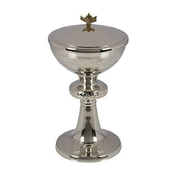 Catholic Sudbury Brass Etched Nickel-Plated Ciborium with Cover, 11 Inch