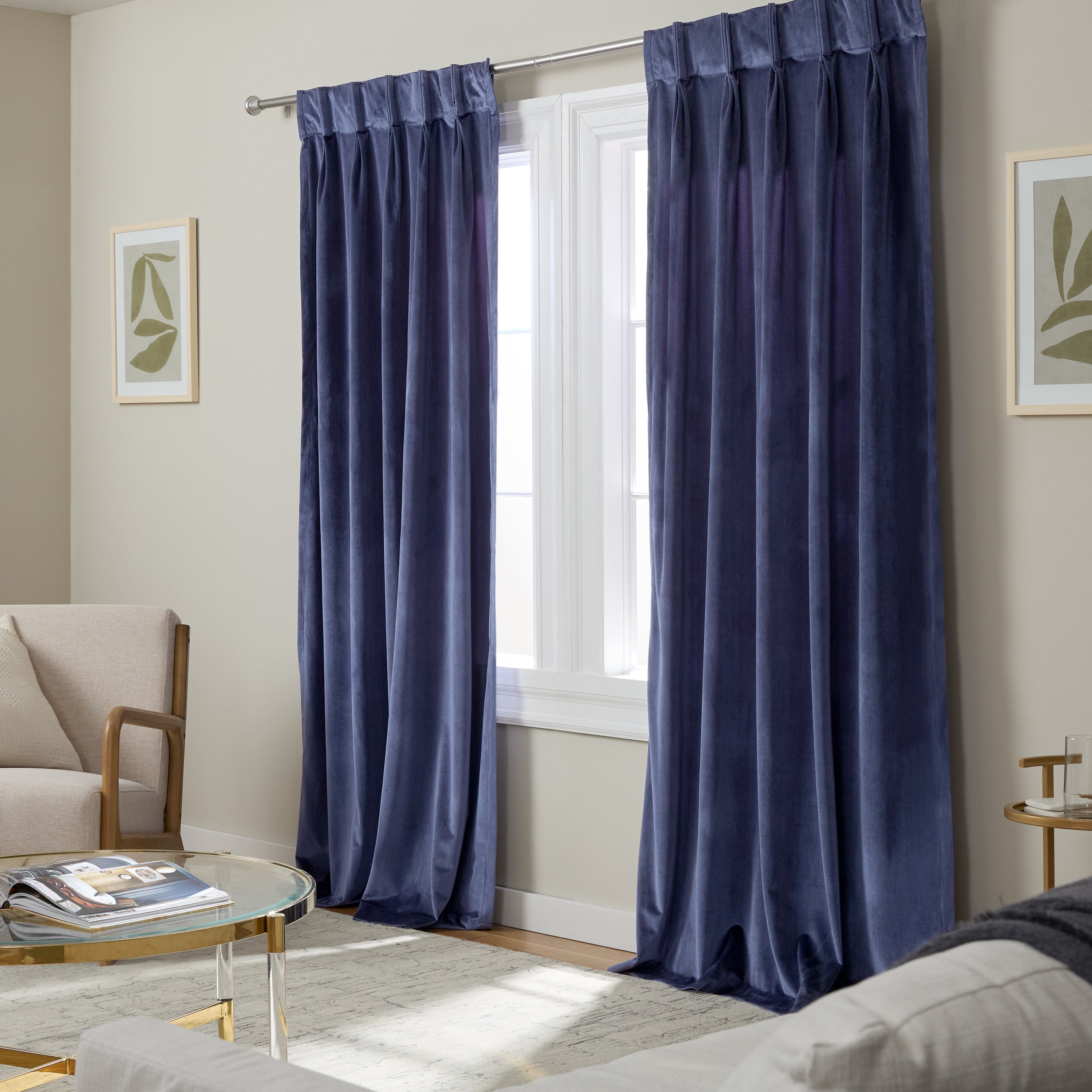 TOWN & COUNTRY LUXE Velour Solid Heavyweight Indoor Curtains, Light Filtering Opacity, Triple Pinch Pleat Top, Plush Velvet, 2-Pack Set, 27"x96", Navy