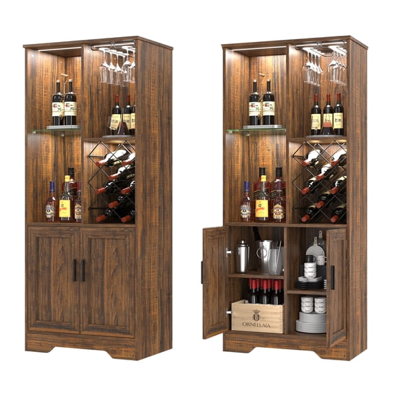LVSOMT Wine Bar Cabinet with Wine Rack, Bar Display Cupboard with LED Lights, Wooden Wine Storage Cabinet with Open Adjustable Storage Shelves, Tall Liquor Cabniet for Living/Dining Room, Brown
