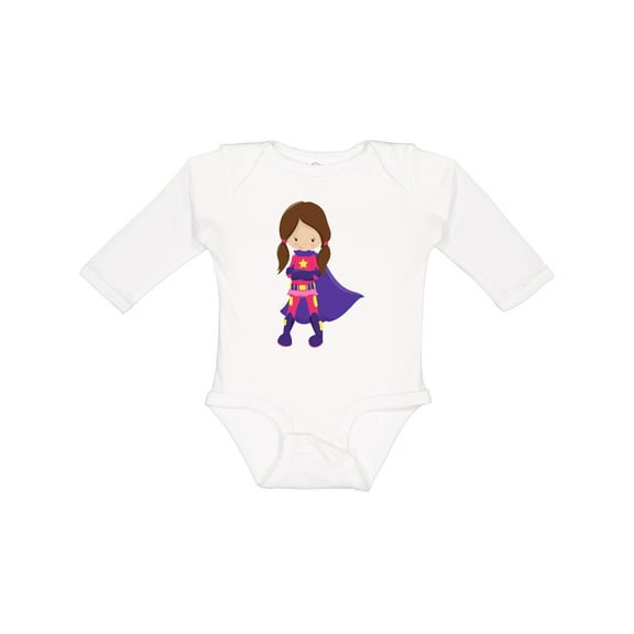 Inktastic Superhero Girl, Brown Hair, Cute Girl, Purple Cape Girls Long Sleeve Baby Bodysuit