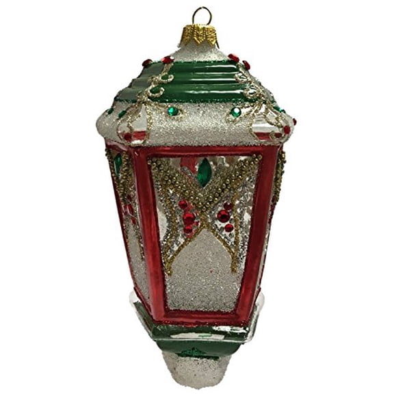 Red and Green Jeweled Lantern Polish Glass Christmas Tree Ornament Made Poland