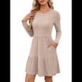 thumbnail image 2 of Vestido Corto Informal de Otoño de Larga para Mujer, de Punto Acanalado, Cuello Redondo, Fluido, Corte A, con Bolsillos Caqui L, 2 of 8