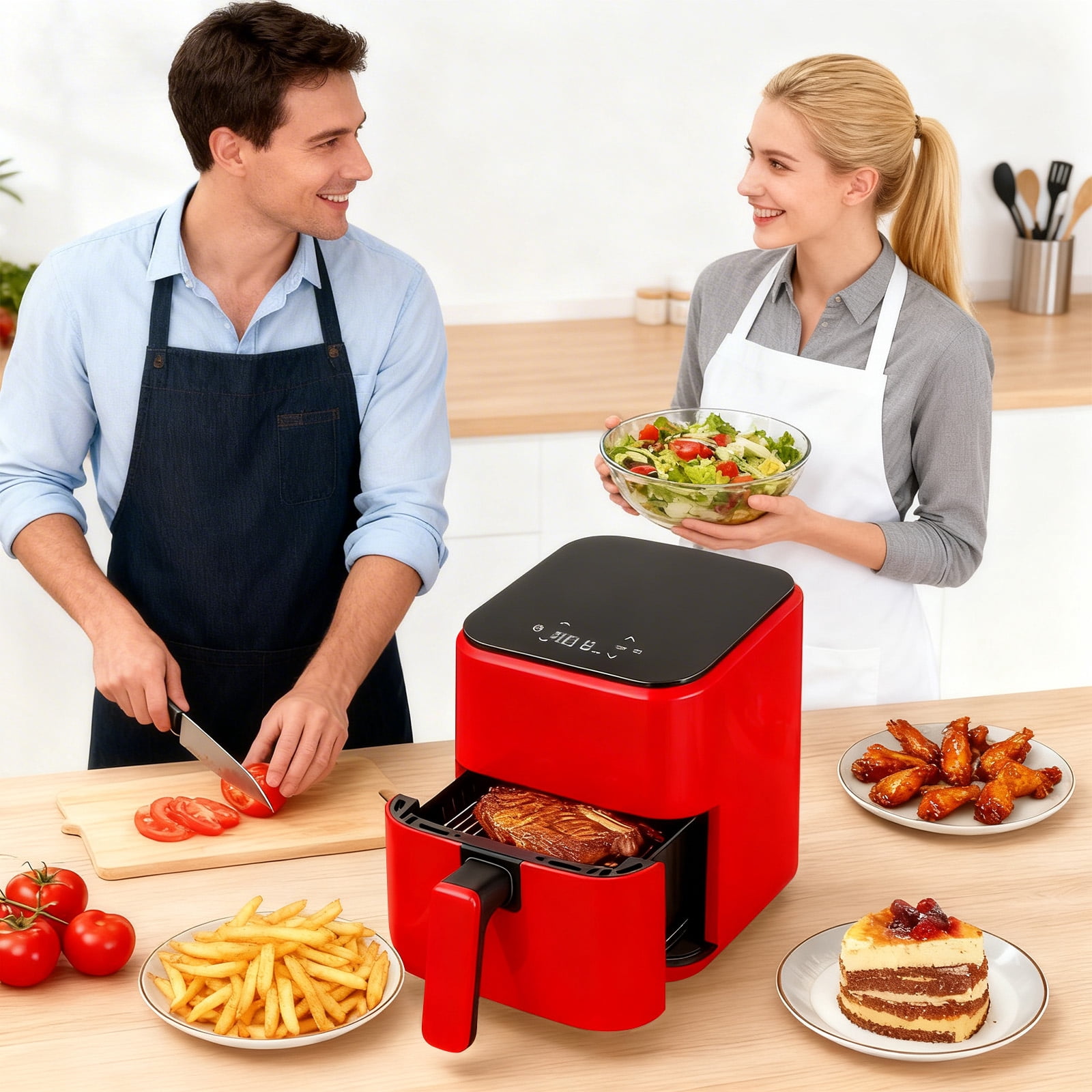Sybels 3QT Small Air Fryer,Easy-Clean Digital Touch Panel, 400℉ Max Temp, Built-in Auto Shut-off, Nonstick Dishwasher-Safe Basket for Baking, Roasting, Broiling and Reheating, Red