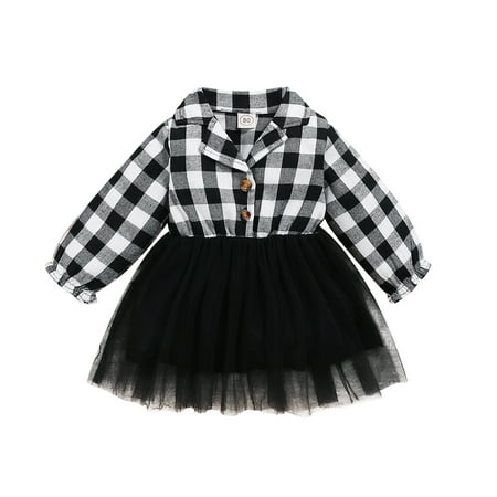 

OLLUISNEO 3-4 Years Toddler Baby Girls Dress Plaid Prints Long Sleeve Lapel Casual Dress Black