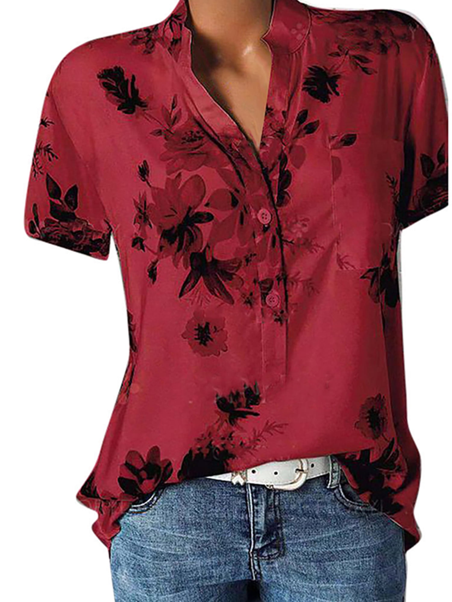 Women s Plus Size V Neck Floral Tops Short Sleeve Summer Loose T shirts ...