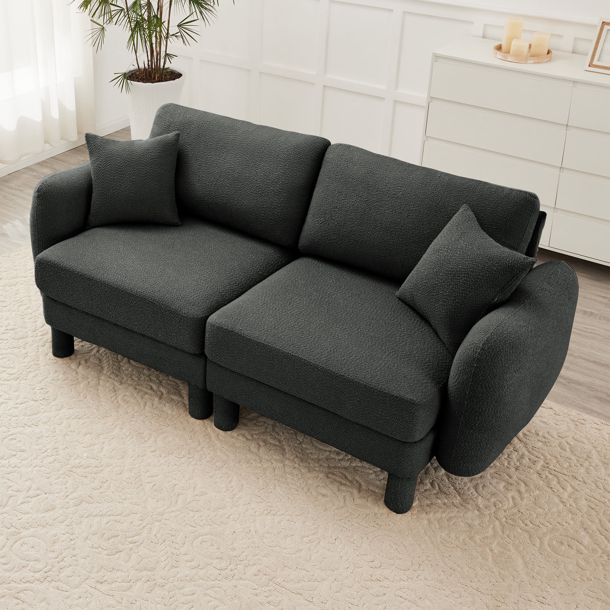 Gewnee Dark Grey 2-Seater Boucle Loveseat with Shell Armrests & Fabric-Wrapped Cylindrical Legs - Ideal for Bedroom Reading Nook, Home Office Lounge
