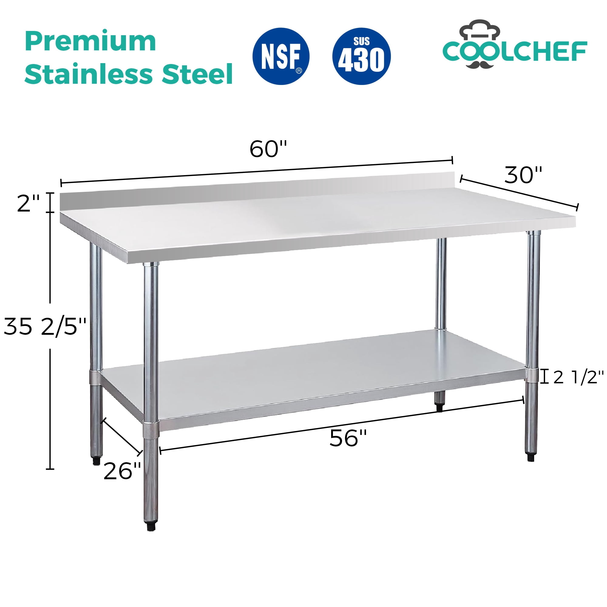 Heavy-Duty 30x36-Inch Commercial Stainless Steel Work Table with 4-Inch Backsplash and Undershelf, NSF-Certified Kitchen Prep Table, Silver