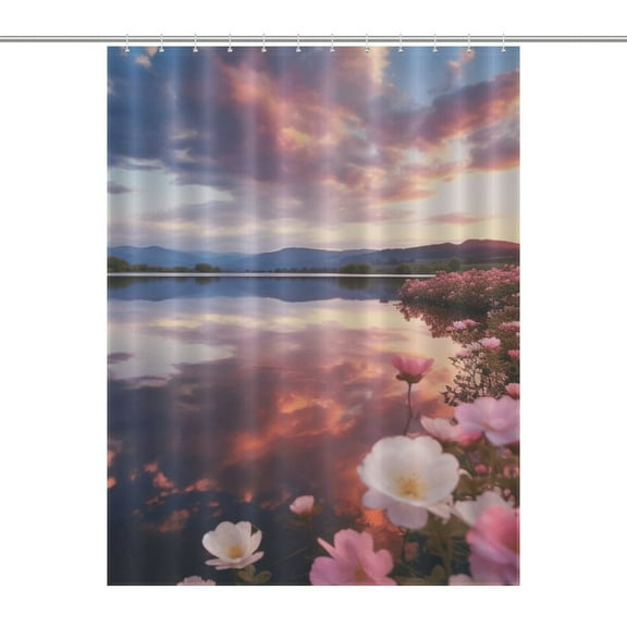 Sunrise Sunset Flower Shower Curtain , Enchanted Forest Scenic Bathroom Decor Sets, Waterproof Fabric with Hooks