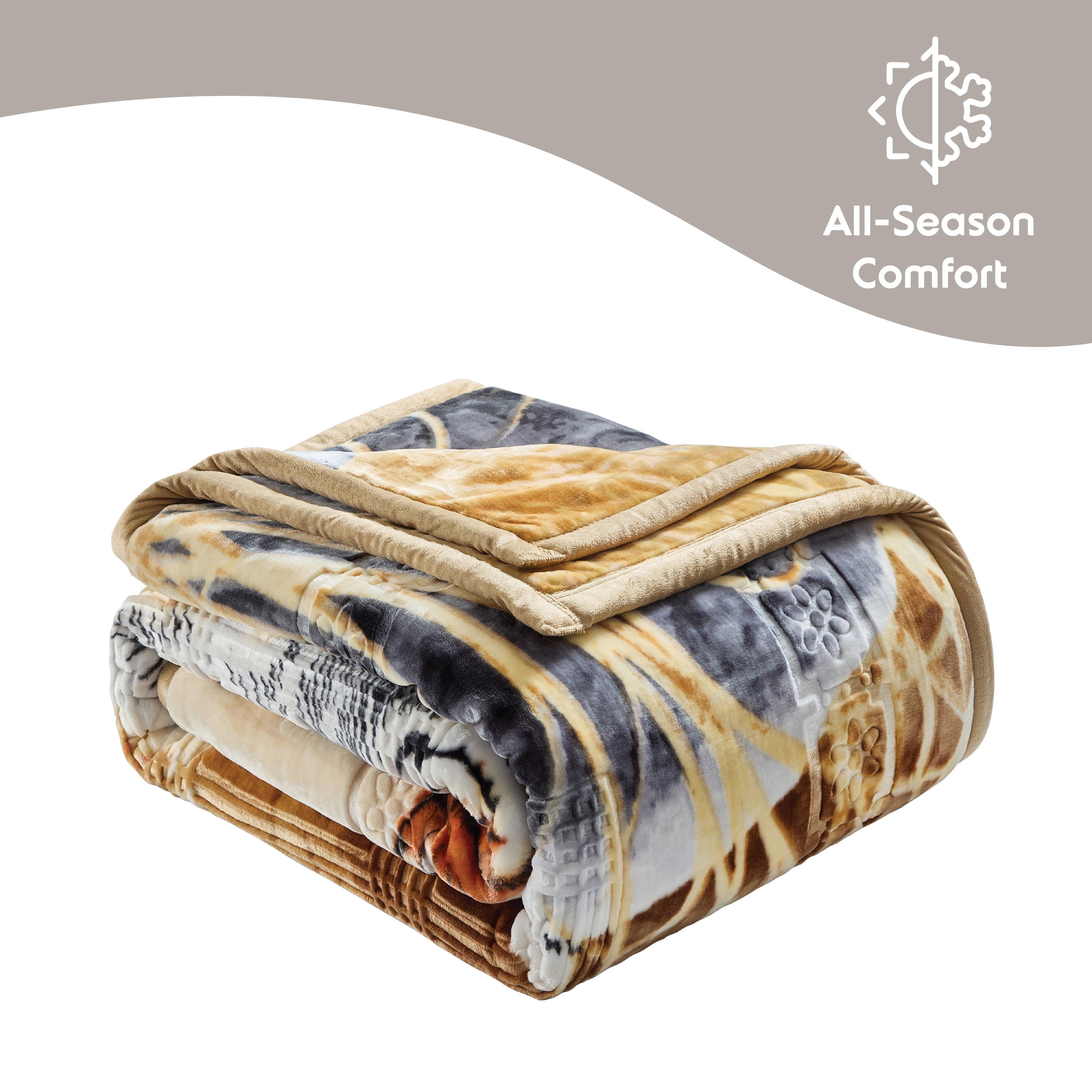 Lammaloe Queen Size Korean Mink Fleece Blanket for Winter, 9 lbs, 79" x 94", Heavy 2-Ply Warm Heavyweight Raschel Bed Blankets, Reversible Printed, Beige Floral