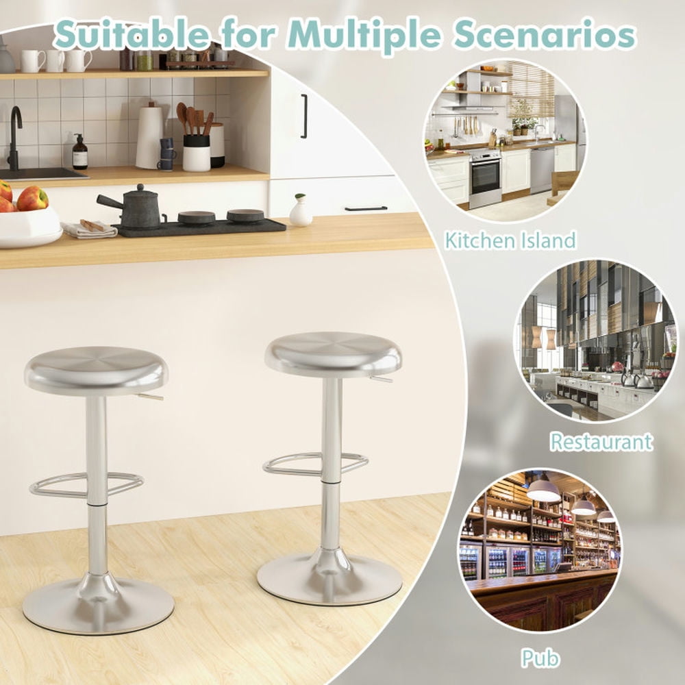 Demi Bonn Set of 2 Modern Swivel Adjustable Height Bar Stool with Footrest for Pub Bistro Kitchen Dining Chair, Silver