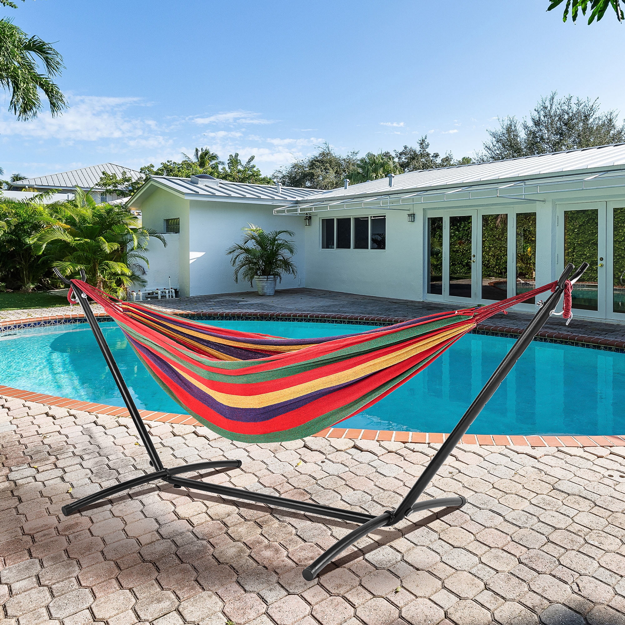 GIANNA Double Hammock with Steel Stand and Carrying Bag, Adjustable Height, 450lbs Capacity, Polyester Cotton Fabric, Portable Outdoor Hammock for 2 Adults, Red
