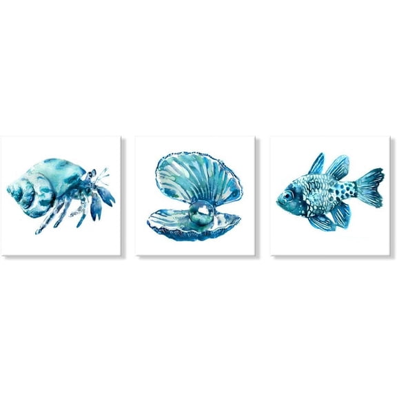 -Ocean Art Prints Tropical Wall Art Wall Blue Fish Blue Shells Hermit Crabs for Bathroom Kitchen Decoration 16x16Inchx3 pcs