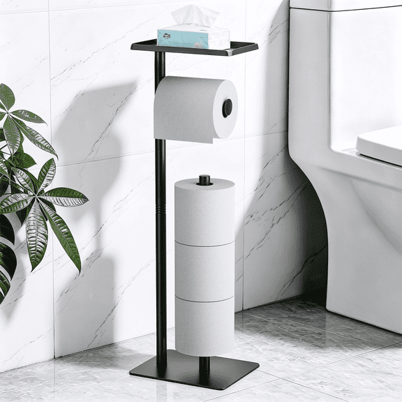 Mibote Toilet Paper Holder Stand with Shelf, Freestanding Bathroom Metal Tissue Roll Storage, 4-Roll Capacity, Matte Black