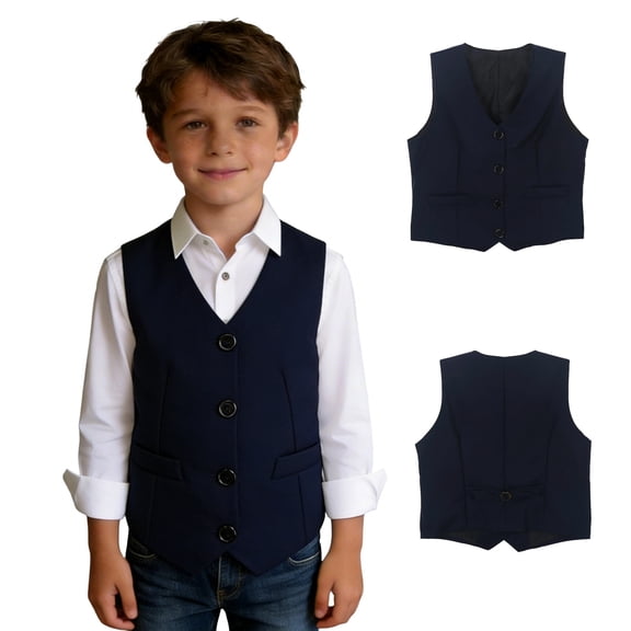 Kids Boy's 4 Button Formal Suit Vest Dark Blue Dress Waistcoat Vest V-Neck Adjustable Back Strap for Wedding Homecoming 7-8 Years