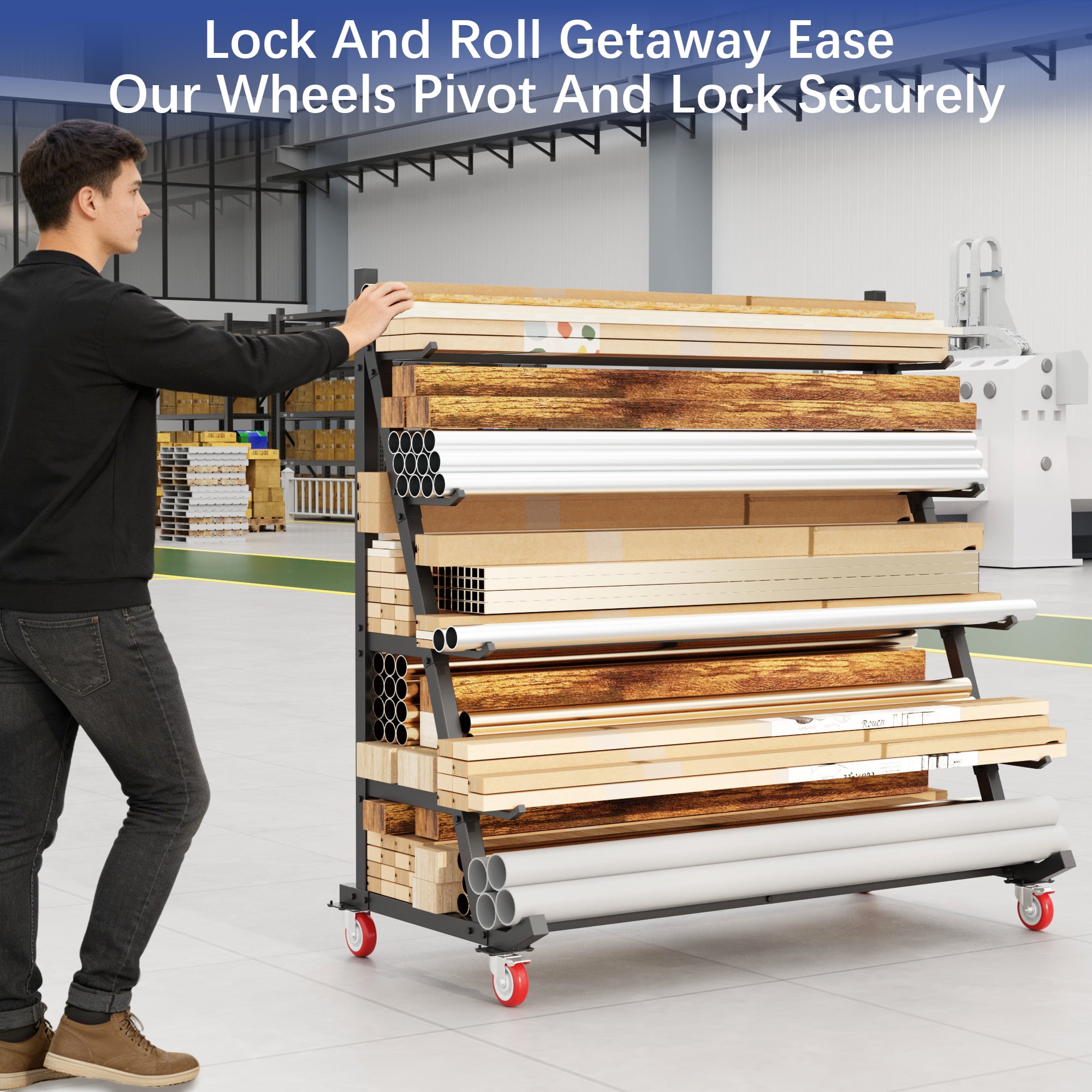 Heavy Duty Lumber Storage Rack, Horizontal Alloy Steel Pipe & Wood Rack with Wheels - 5-Tier Mobile Garage Workshop Organizer (50”W x 25.6”D x 63”H)