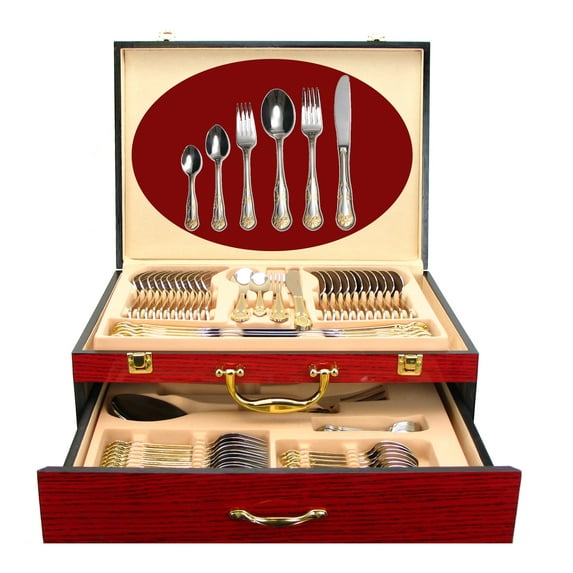 75-Pc Luxury Flatware Set for 12 w/Storage Case 24K Gold Premium Dining Cutlery Service - 18/10 Surgical Stainless Steel Silverware Hostess Serving Set in a Chest