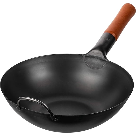 YOSUKATA 11.8" Pre-Seasoned Carbon Steel Wok Pan, Flat Bottom Stir Fry Pan for Gas, Electric, Induction & Open Fire, Traditional Asian Cookware for Kitchen, BBQ & Camping Use
