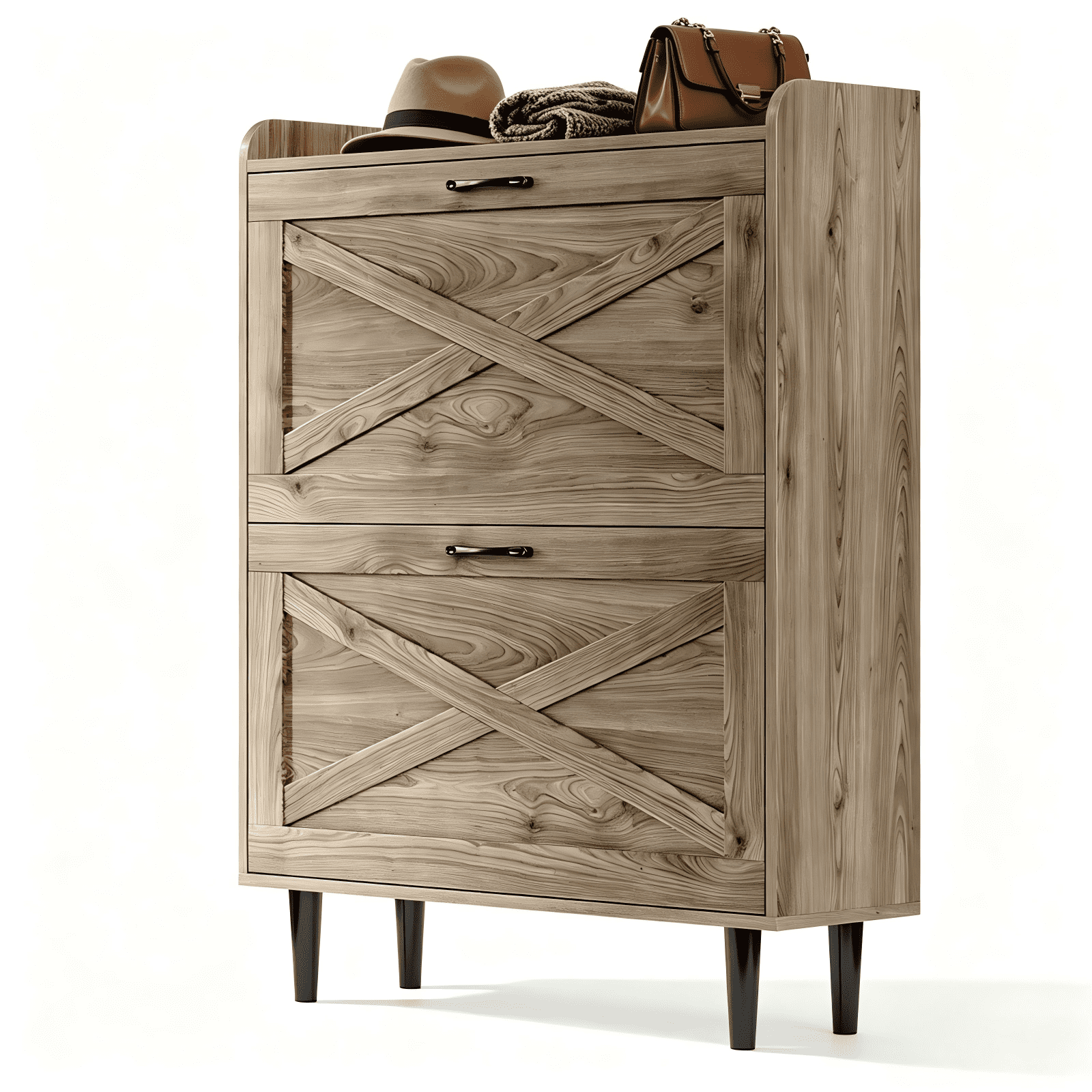 2-Drawer Barn Door Shoe Cabinet with Side Panel Countertop Melamine Board Embossed MDF Shoe Cabinet, 31.61*9.45*39.37in, Grey Oak