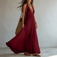 thumbnail image 4 of Halter Neck V-Neck Sleeveless Maxi Dress Solid Color Flowy Dress Casual Summer Party Evening Gown for Women Wine L(L), 4 of 8