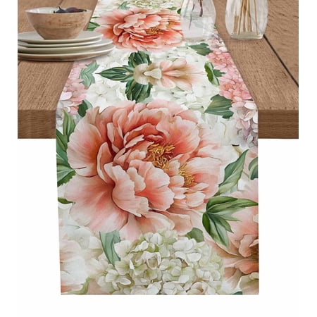 Pink White Flowers Table Runner 36 Inches Spring Farmhouse Blossom Floral Bed Runner Dresser Scarves Tabletop for Indoor Outdoor Parties/Ceremony/Banquet 13 x 36