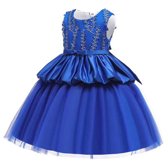 Odeerbi Girls Dress Baby Girls Clothes Toddler Solid Color Leaf Embroidery Net Yarn Bowknot Birthday Party Flowers Gown Kids Dresses Blue