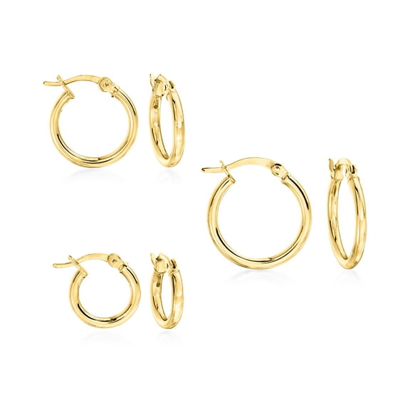 Ross-Simons 18kt Gold Over Sterling Jewelry Set: 3 Pairs Of 2mm Hoop Earrings, Women's, Adult