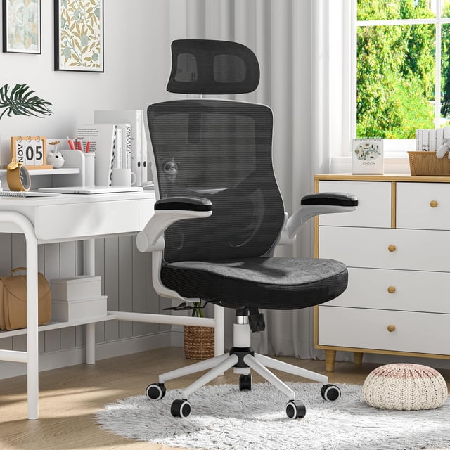 Ergonomic Office Chair with Adjustable Headrest & Lumbar Support - Back Desk Chair with Flip-Up Arms Swivel Executive Computer Task Chair