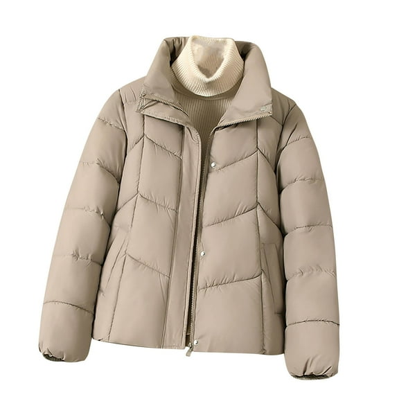 Itsame Puffer Jackets Womens Winter Coats Solid Color Casual Zipper Cotton for Women Waterproof Jacket Khaki Size XL