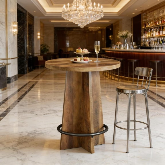 Toauuo 31.5" Round Coffee Bar Greeting Table, Rustic Brown Farmhouse Table with Crisscross Wooden Base & Metal Footrest, Sturdy MDF Space-Saving Pub Bistro Table for Home Kitchen Bar