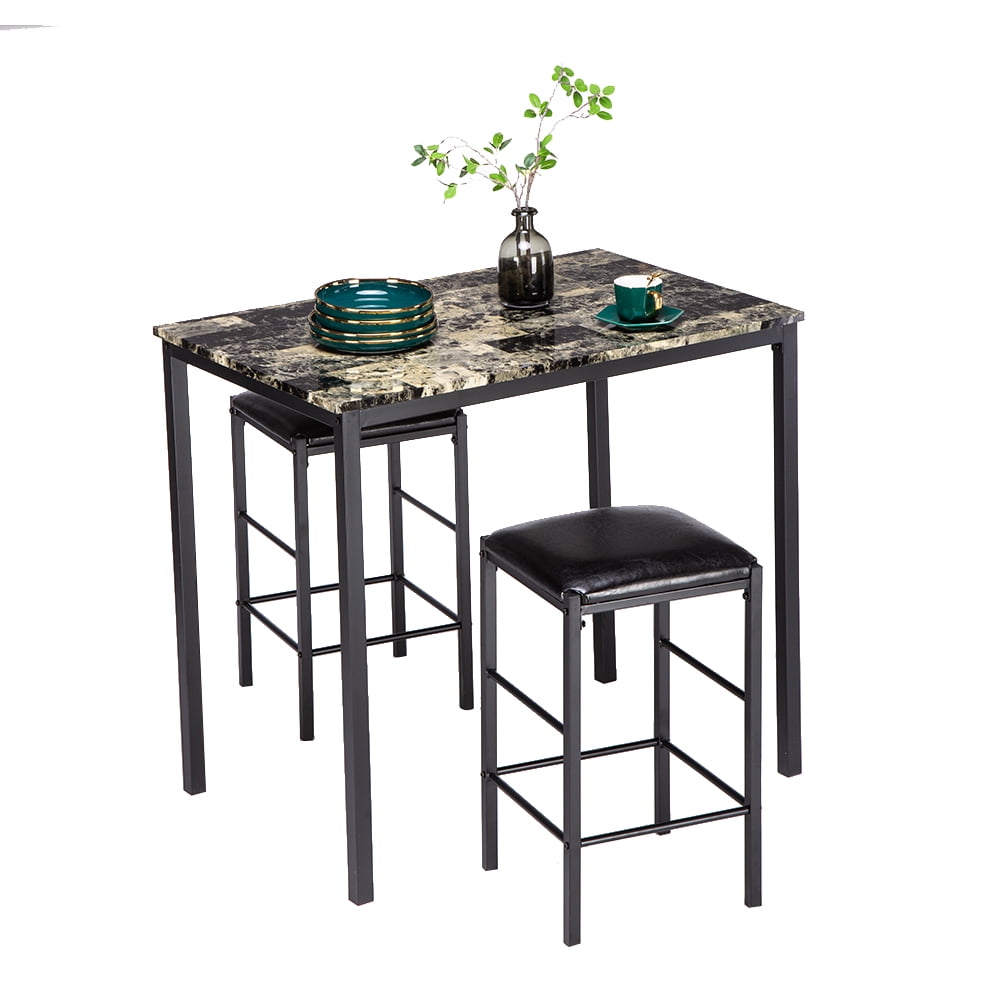 Lowestbest Marble Face High Dining Table and Chair, Cushion Black 3 Piece Set 1 Table 2 Chairs Lowestbest Marble Face High Dining Table and Chair, Cushion Black 3 Piece Set 1 Table 2 Chairs