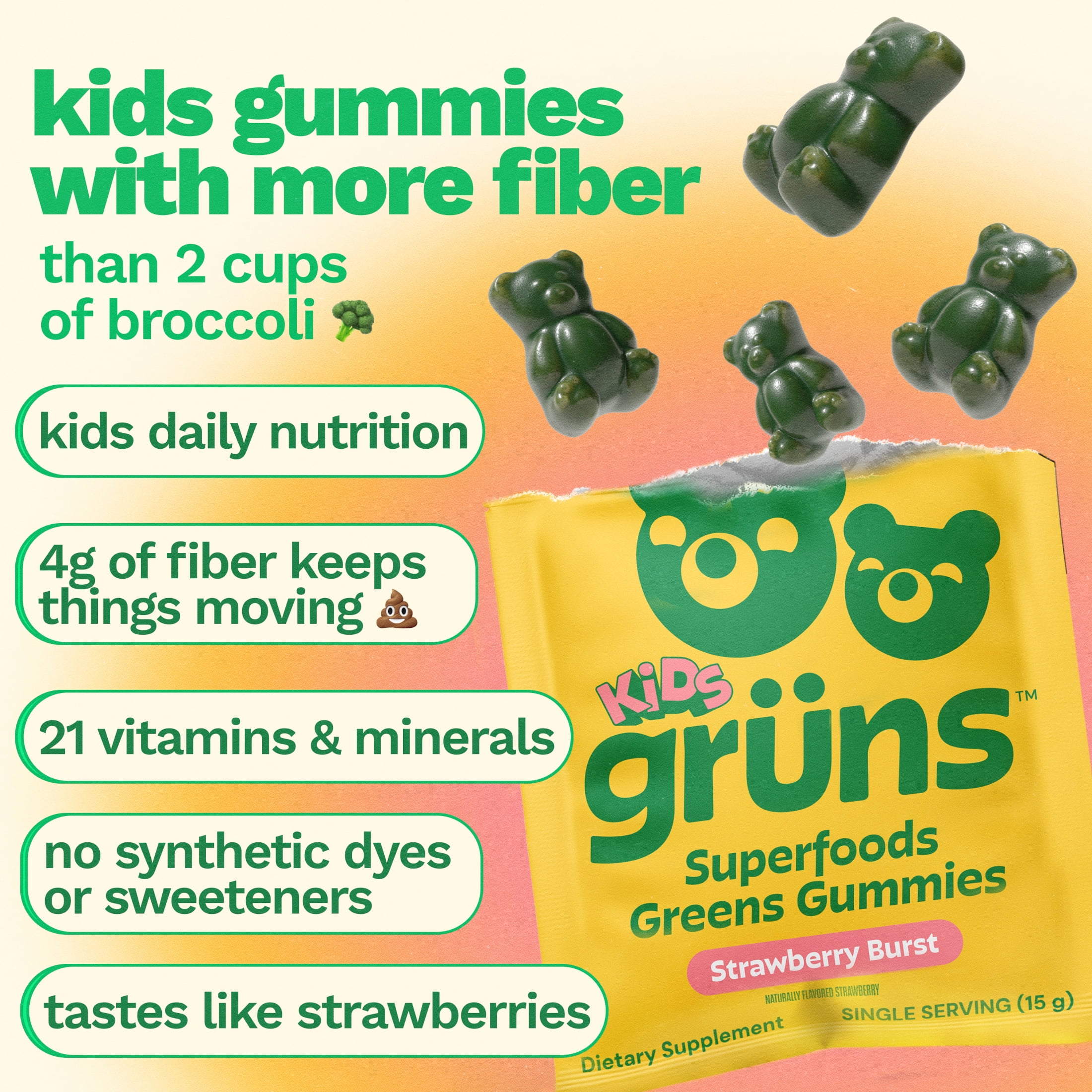 Gruns Kids Superfood Greens Multivitamin Gummies with 4g of Fiber for Ages 2+, 3 Count