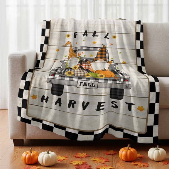 Throw Blanket Fleece Throw Blanket 50x60in, Fall Harvest Truck on Wood Board Soft Lightweight Bed Blankets Black White Plaid Fuzzy Couch Blankets for All Season