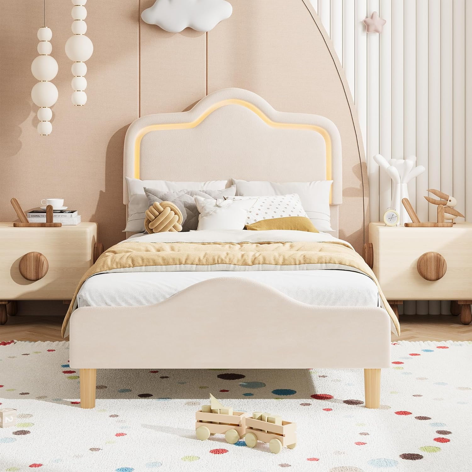 Bed Frame,Upholstered LED Bed Frame with Adjustable Headboard and Footboard,Soft Princess Queen Size Platform Bed Frame w/Wooden Slat Support, No Box Spring Needed, Easy Assembly