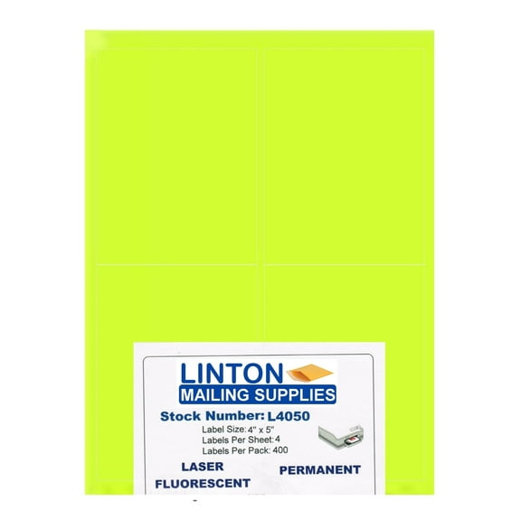 Blank Laser Labels, Fluorescent Yellow, 4" x 5", 4 Labels Per Sheet (8.5" x 11"), Peel and Stick, Perm Adhesive - 100 Sheets (400 Labels) Per Pack