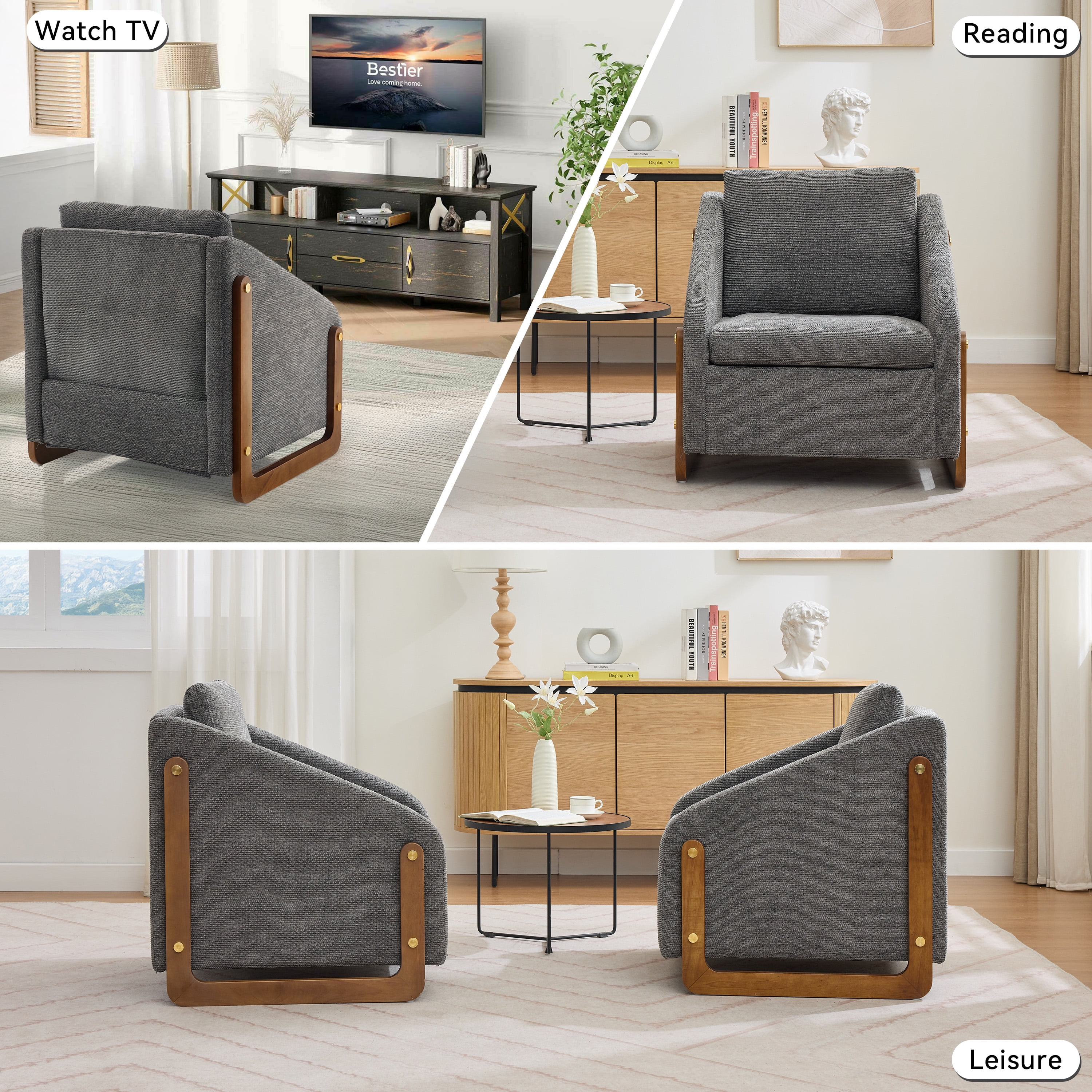 Aukfa Accent Chair Set for 2, Plush Chenille Modern Arm Chair with Naihead Trim, Gray