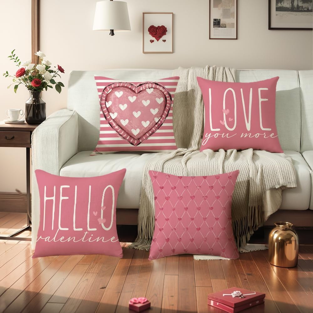 Valentines Day Pillow Covers 20 x 20 Inch Set of 4 Hello Valentine Love You More Pink White Stripes Heart Throw Pillows Decorative Cushion Cases Valentines Decor Pink