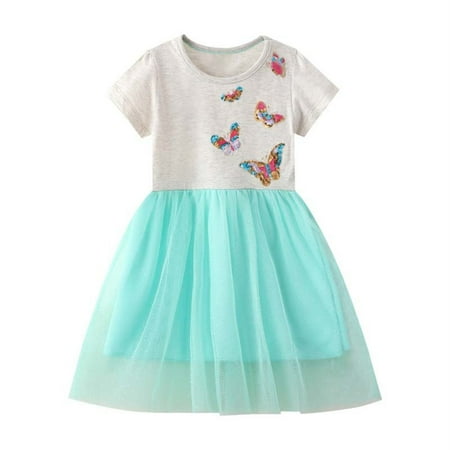 

LIhncine Girls Dress Girls Floral Dress Butterfly Short Sleeve Pleated Casual Lace Dresses For Kids 2 To 7 Years (Mint Green 4 Years)