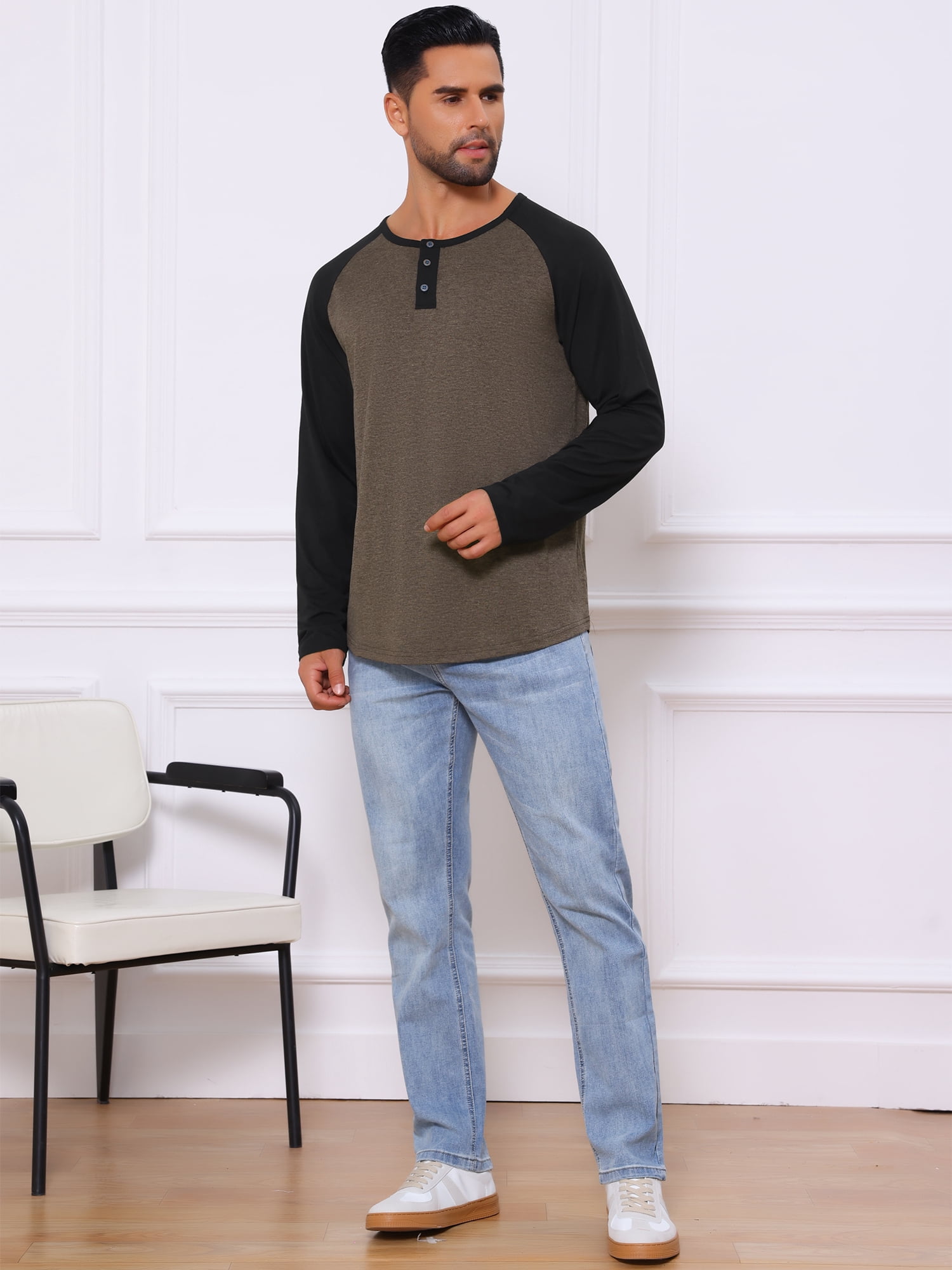 DARING DIVA Men's Raglan Long Sleeve Tee Shirt Baseball Henley T-Shirts XL Brown Black