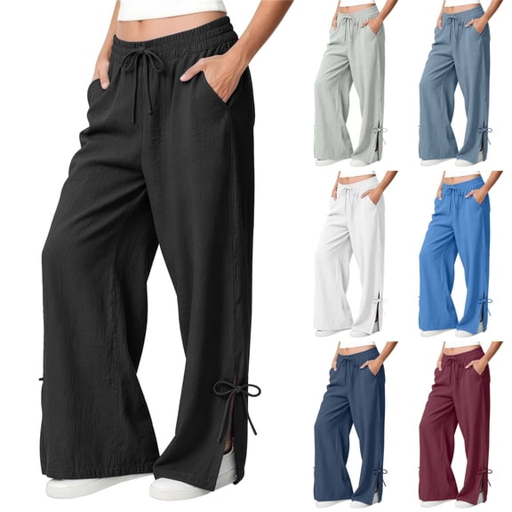 Delayuji Womens Cotton Linen Pants Wide Leg Pants Loose Fit Summer Casual Outerwear Fashion Pants With Pockets