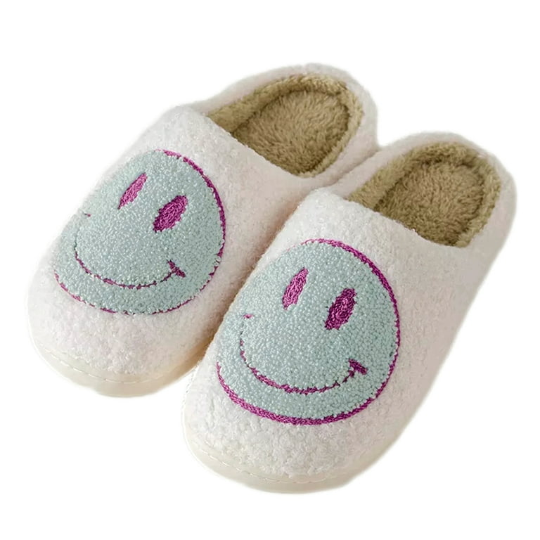 PacificPlex Womens Smiley Fuzzy Preppy Smile Slippers Retro Cozy Comfy  Plush Warm Slip-on Happy Face Slippers Winter Casual Indoor Soft Fluffy  House Shoes (5-6, Cyan), 5-6, Cyan 